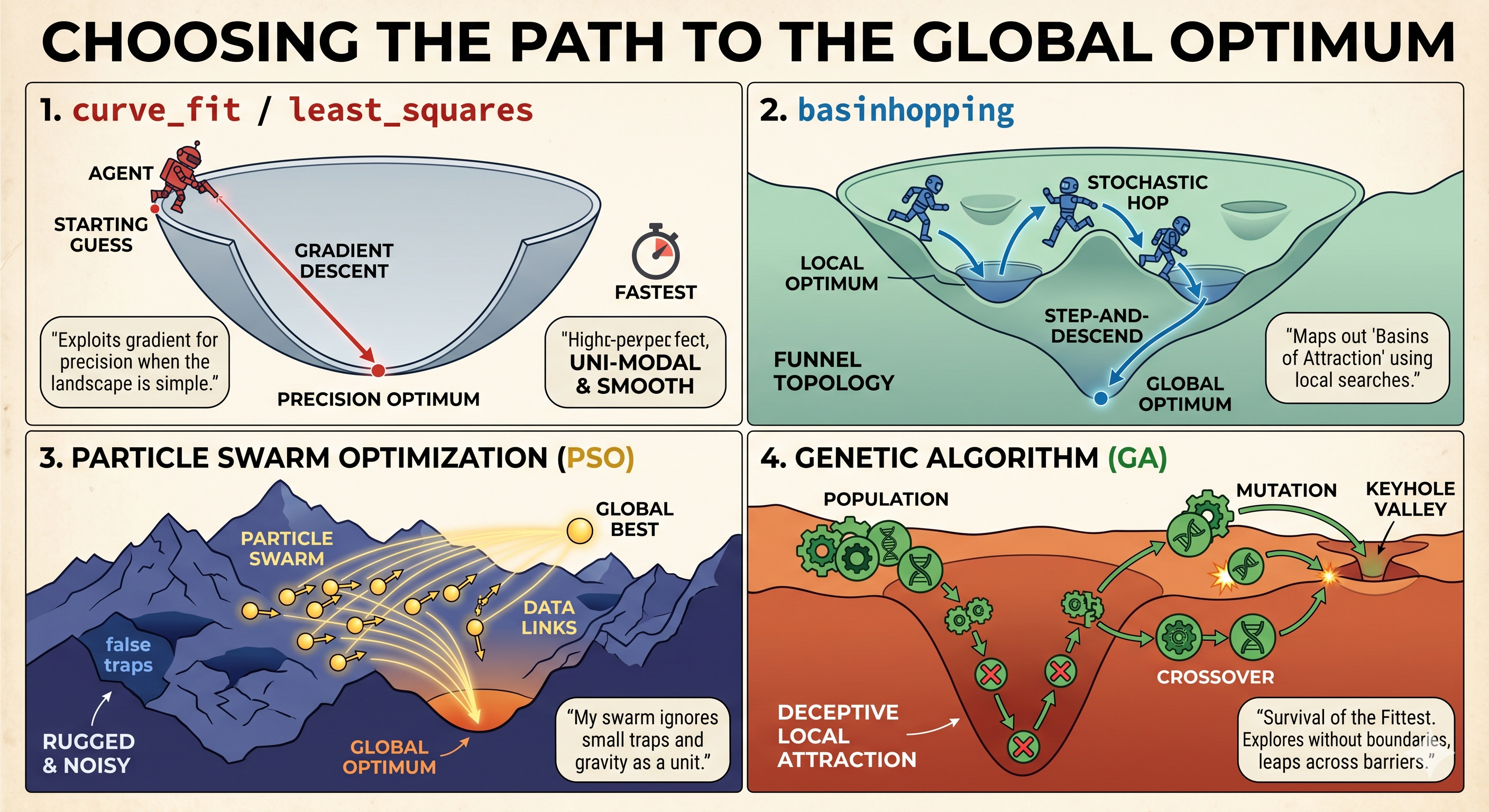 Illustration of the different optimization algorithms (AI generated)